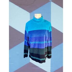 Vintage 80s Erika Collection Petites Velour Aqua Blue Black Tunic Top Size MP